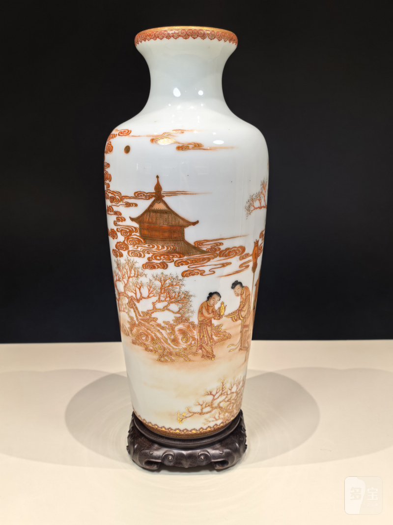民国 矾红描金春夜宴桃李园灯笼瓶 - 图6